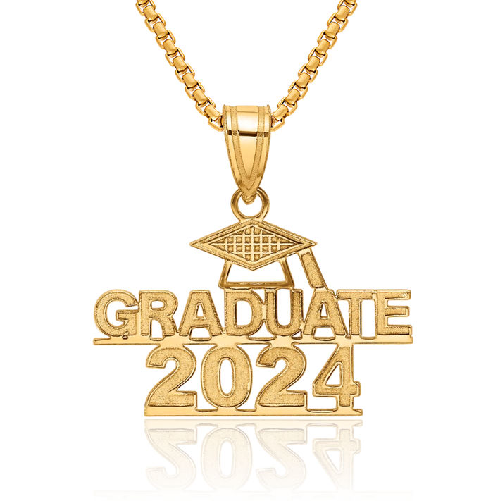 14K Solid Yellow Gold Graduate 2024 Cap Necklace Chain Pendant Charm