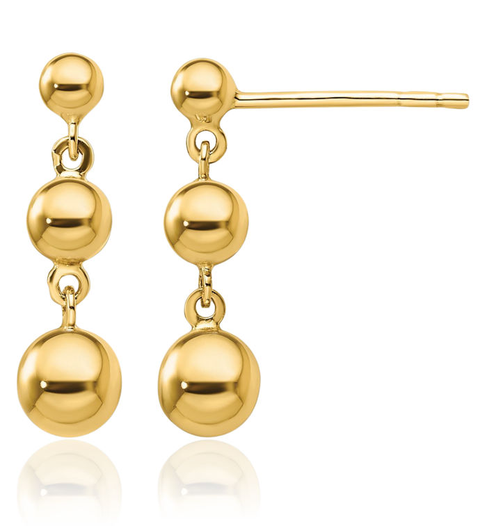 14K Solid Yellow Gold Graduated 3 Ball Drop Dangle Earrings
