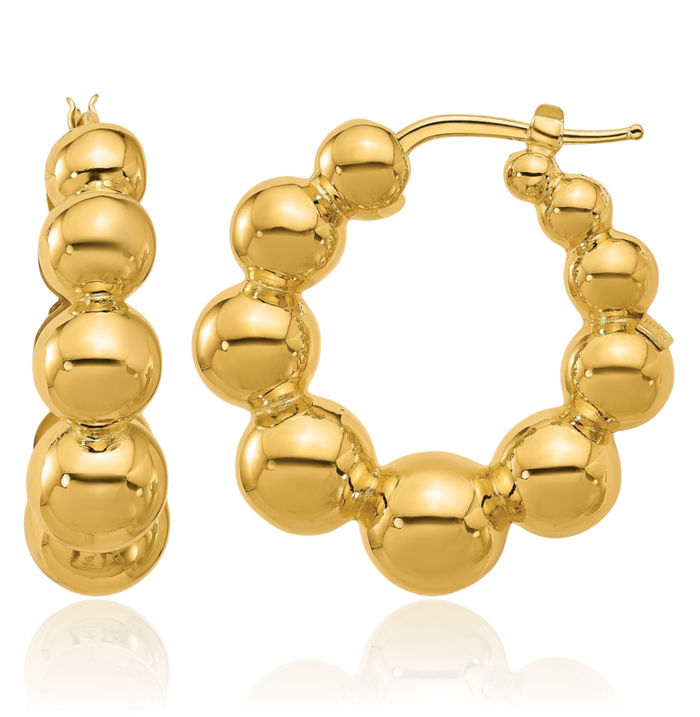 14K Solid Yellow Gold Graduated Bead Medium Round Hoop Earrings