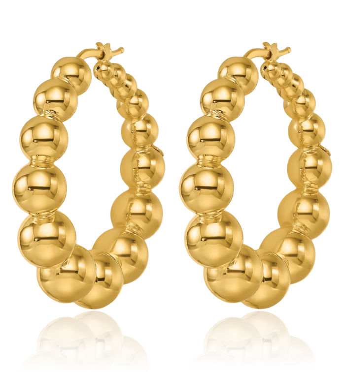 14K Solid Yellow Gold Graduated Bead Round Medium Hoop Earrings