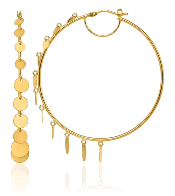 14K Solid Yellow Gold Graduated Discs Round Large Hoop Earrings