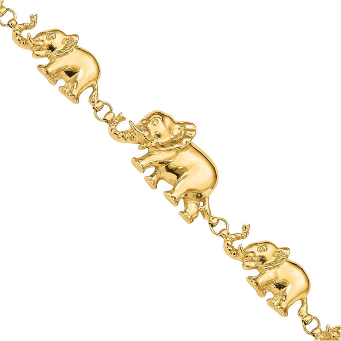 14K Solid Yellow Gold Graduated Elephant Chain Charm Bracelet