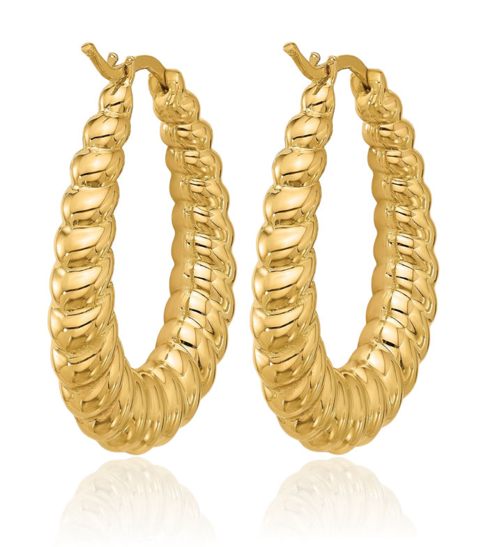 14K Solid Yellow Gold Graduated Oval Medium Hoop Earrings