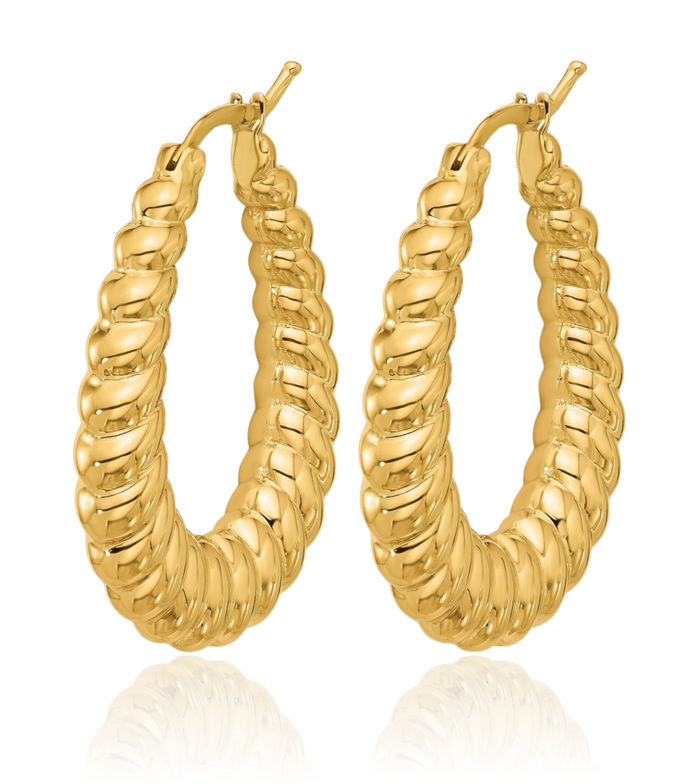 14K Solid Yellow Gold Graduated Oval Medium Hoop Earrings