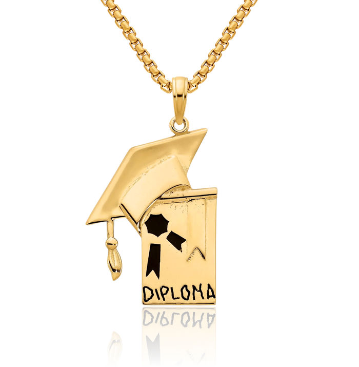 14K Solid Yellow Gold Graduation Cap Diploma Necklace Chain Pendant Charm