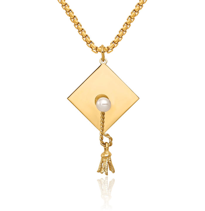 14K Solid Yellow Gold Graduation Cap Freshwater Cultured Pearl Necklace Chain Pendant Charm