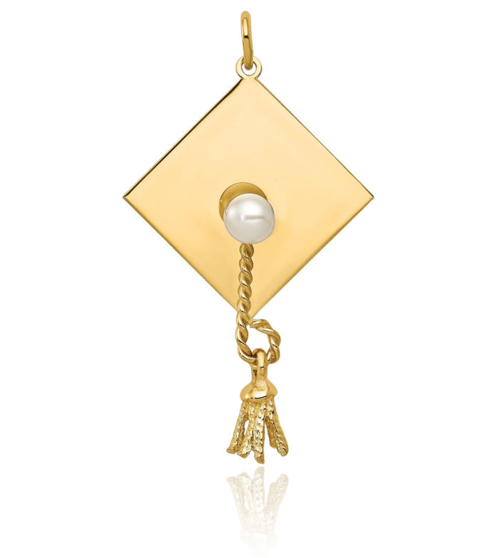 14K Solid Yellow Gold Graduation Cap Freshwater Cultured Pearl Necklace Chain Pendant Charm