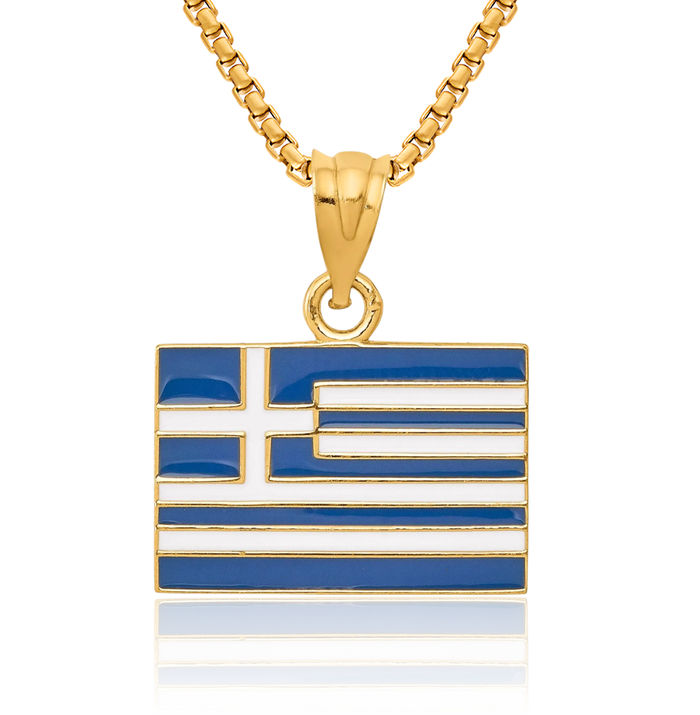 14K Solid Yellow Gold Greece Flag Necklace Chain Pendant Charm