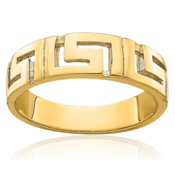 14K Solid Yellow Gold Greek Key Band Tapered Shank Ring