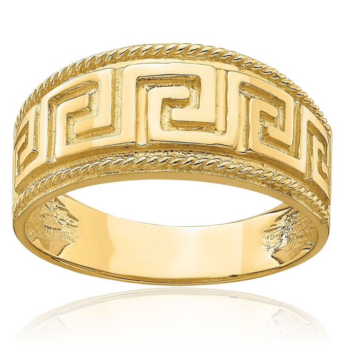 14K Solid Yellow Gold Greek Key Chunky Dome Statement Ring
