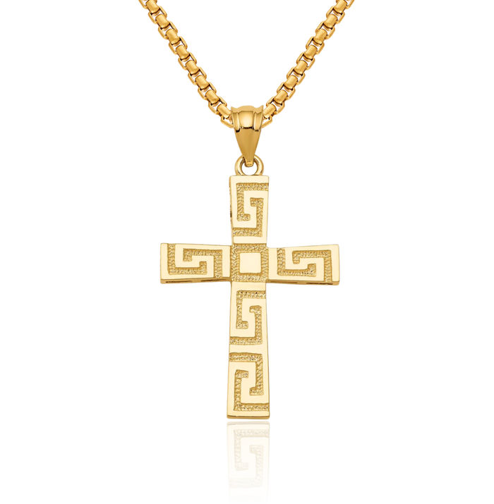 14K Solid Yellow Gold Greek Key Latin Mexican Holy Cross Necklace Religious Chain Pendant Jesus Christ Charm