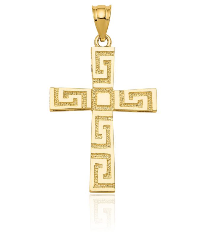 14K Solid Yellow Gold Greek Key Latin Mexican Holy Cross Necklace Religious Chain Pendant Jesus Christ Charm