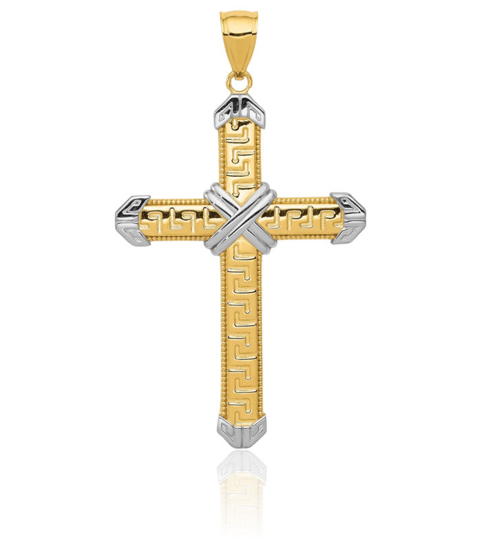 14K Solid Yellow Gold Greek Key Holy Cross Necklace Religious Chain Pendant Jesus Christ Charm