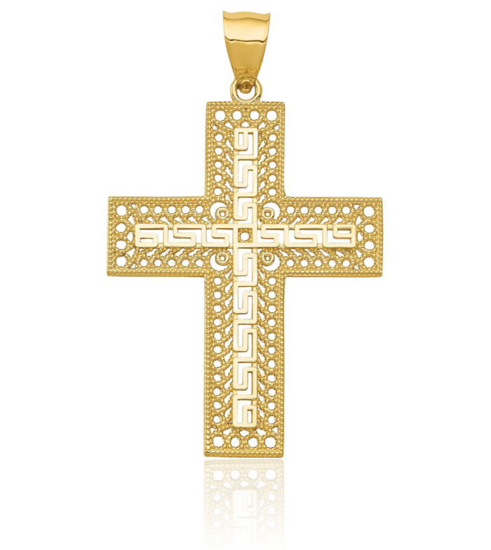 14K Solid Yellow Gold Greek Key Antique Filigree Latin Mexican Holy Cross Necklace Religious Chain Pendant Jesus Christ Charm