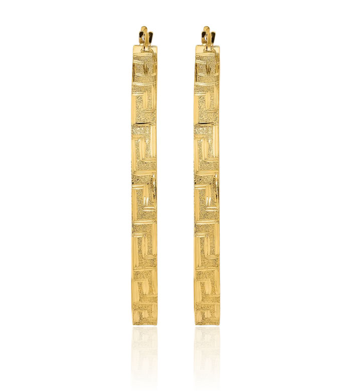 14K Solid Yellow Gold Greek Key Round Large Hoop Earrings