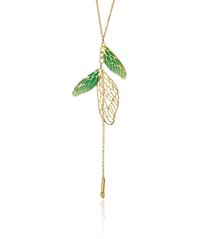 14K Solid Yellow Gold Green Butterfly Wings Wing Y Drop Chain Necklace