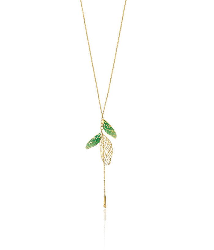 14K Solid Yellow Gold Green Butterfly Wings Wing Y Drop Chain Necklace