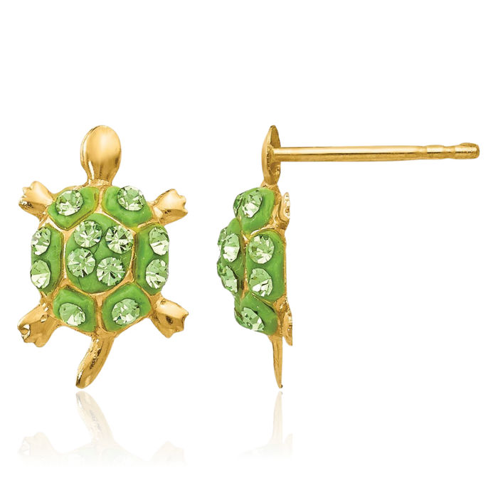 14K Solid Yellow Gold Green Rhinestone Crystals Sea Turtle Stud Earrings