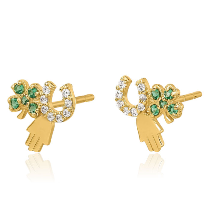 14K Solid Yellow Gold Green Cubic Zirconia CZ Clover Shamrock Flower Leaf Heart Irish Claddagh Celtic Lucky Horseshoe Hamsa Hand of Fatima Evil Eye Protection Studs Animal Lover Equestrian Earrings Jewelry