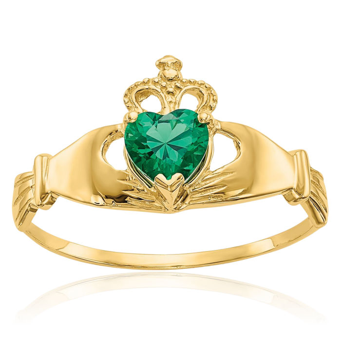 14K Solid Yellow Gold Green Cubic Zirconia CZ Heart Irish Claddagh Celtic Ring Jewelry