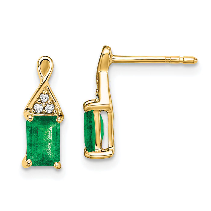 14K Solid Yellow Gold Green Emerald Diamond Drop Dangle Earrings Gemstone Post Push Back May Birthstone Jewelry