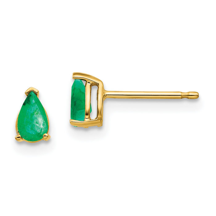 14K Solid Yellow Gold Green Emerald Studs Pear Teardrop Gemstone Solitaire Earrings May Birthstone Jewelry