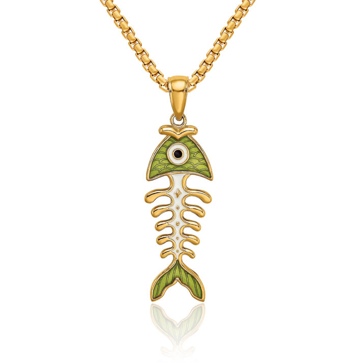 14K Solid Yellow Gold Green Fish Bone Necklace Chain Pendant Charm