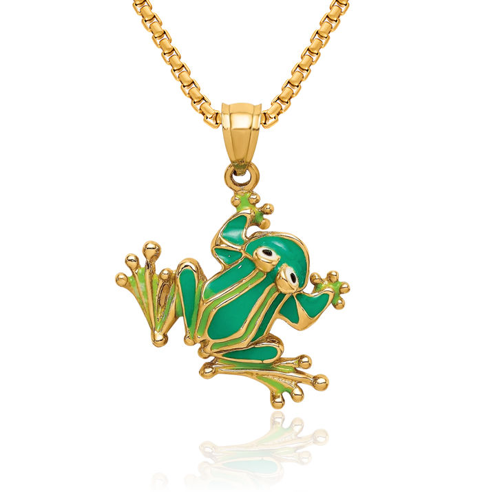 14K Solid Yellow Gold Green Frog Necklace Chain Pendant Charm