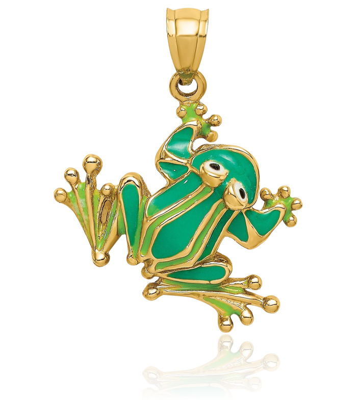 14K Solid Yellow Gold Green Frog Necklace Chain Pendant Charm