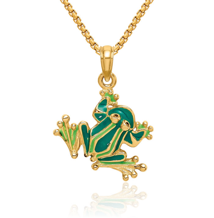 14K Solid Yellow Gold Green Frog Necklace Chain Pendant Charm