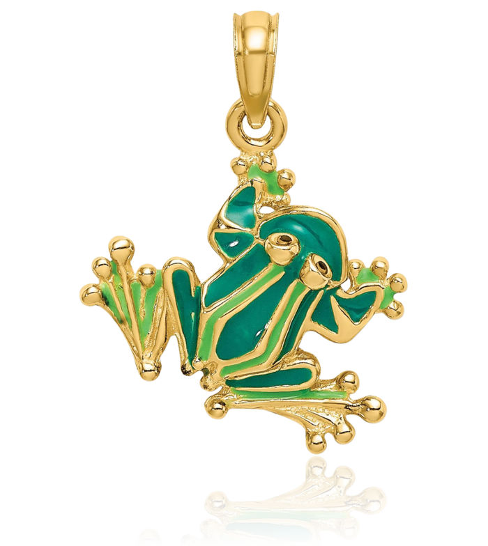 14K Solid Yellow Gold Green Frog Necklace Chain Pendant Charm