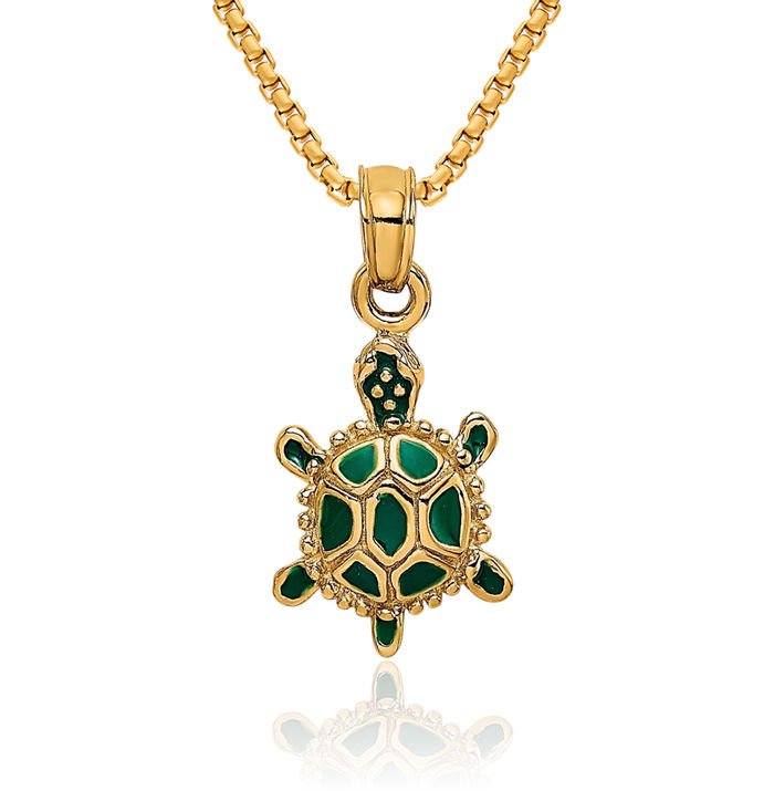 14K Solid Yellow Gold Green Land Sea Turtle Necklace Chain Pendant Charm