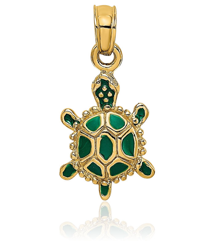 14K Solid Yellow Gold Green Land Sea Turtle Necklace Chain Pendant Charm