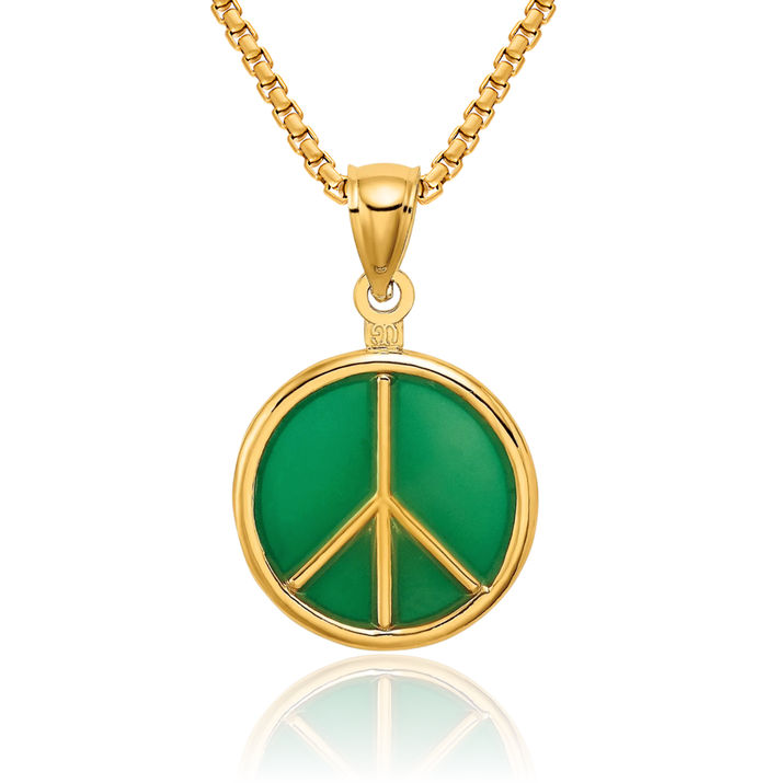 14K Solid Yellow Gold Green Peace Sign Inspirational Symbol Necklace Chain Pendant Charm