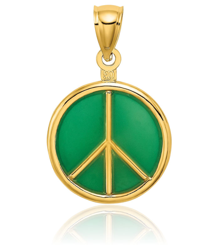 14K Solid Yellow Gold Green Peace Sign Inspirational Symbol Necklace Chain Pendant Charm