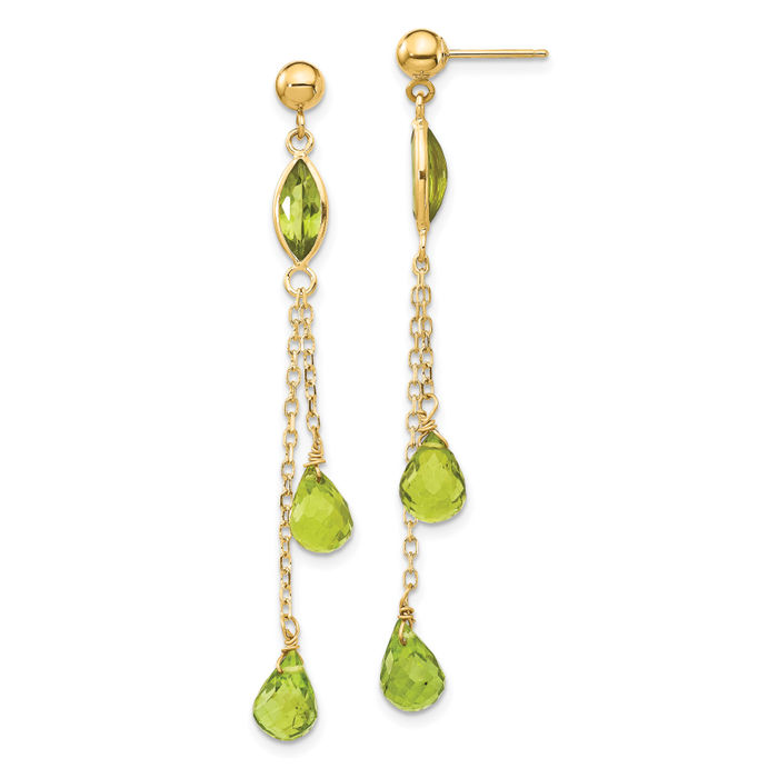 14K Solid Yellow Gold Green Peridot Drop Dangle Earrings Gemstone Post Push Back