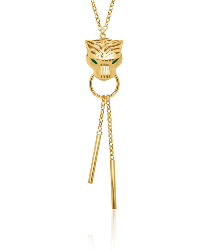 14K Solid Yellow Gold Green Tiger Y Drop Chain Necklace