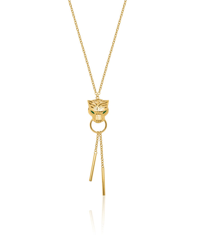 14K Solid Yellow Gold Green Tiger Y Drop Chain Necklace