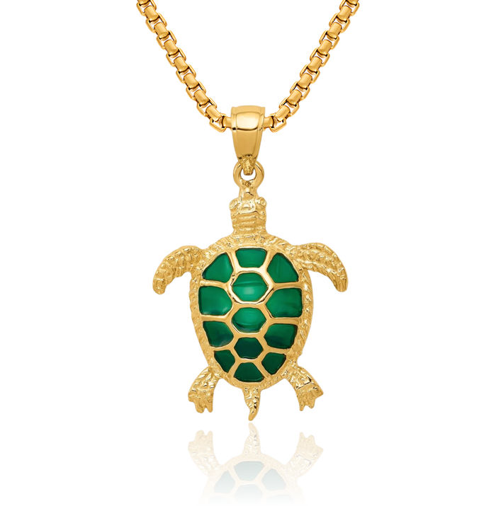 14K Solid Yellow Gold Green Sea Turtle Necklace Chain Pendant Charm