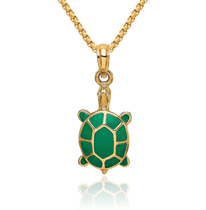 14K Solid Yellow Gold Green Sea Turtle Necklace Chain Pendant Charm