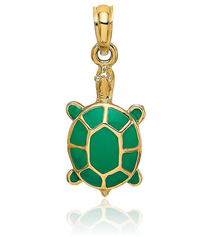 14K Solid Yellow Gold Green Sea Turtle Necklace Chain Pendant Charm