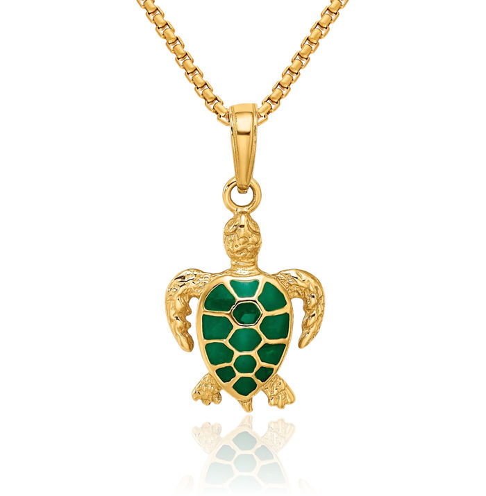 14K Solid Yellow Gold Green Sea Turtle Necklace Chain Pendant Charm