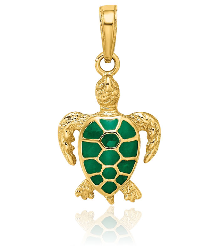 14K Solid Yellow Gold Green Sea Turtle Necklace Chain Pendant Charm