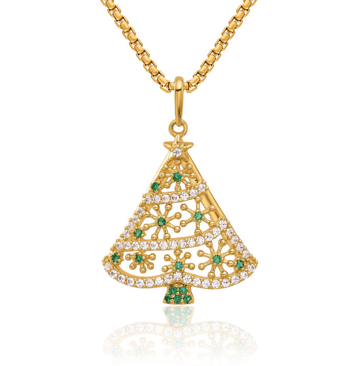 14K Solid Yellow Gold Green White Cubic Zirconia CZ Christmas Tree Necklace Chain Pendant Charm