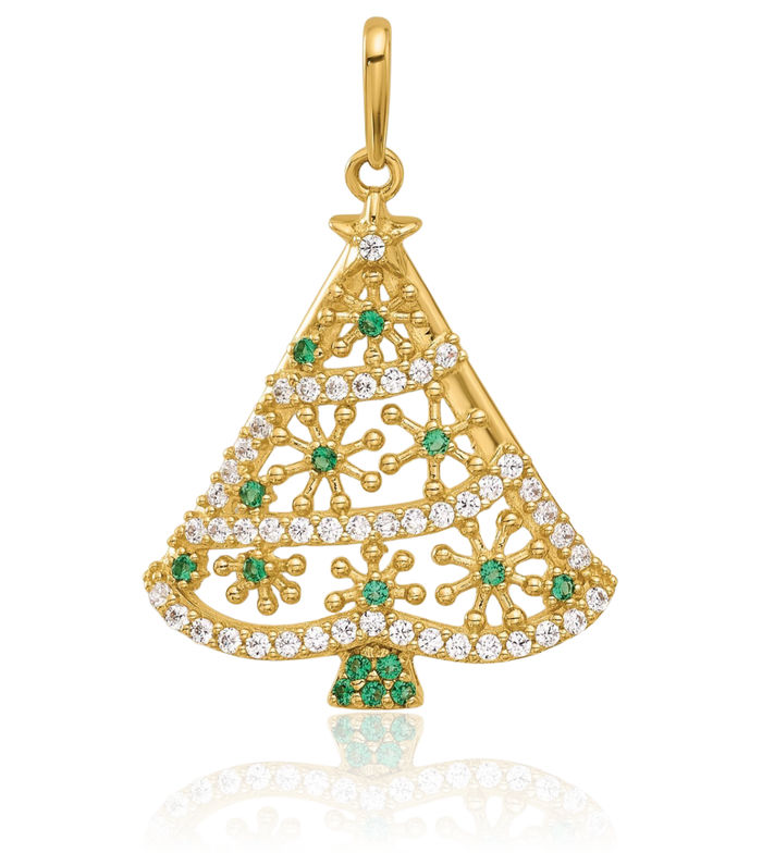 14K Solid Yellow Gold Green White Cubic Zirconia CZ Christmas Tree Necklace Chain Pendant Charm