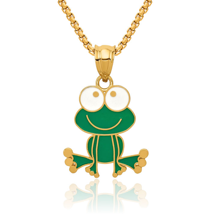 14K Solid Yellow Gold Green White Frog Necklace Chain Pendant Charm