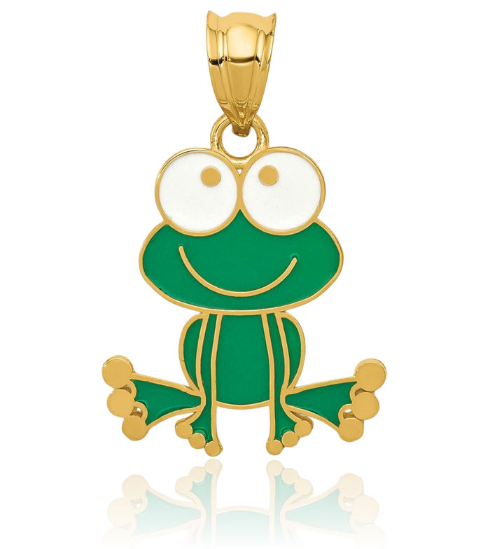 14K Solid Yellow Gold Green White Frog Necklace Chain Pendant Charm