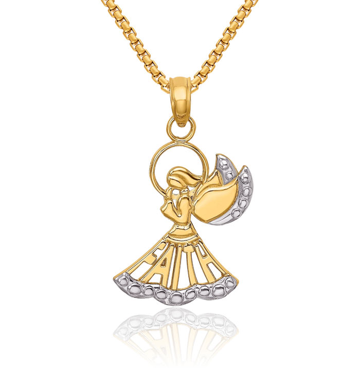 14K Solid Yellow Gold Guardian Angel Wings Faith Necklace Protect Us Cherub Pendant Religious Charm