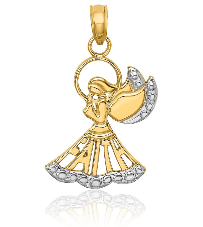 14K Solid Yellow Gold Guardian Angel Wings Faith Necklace Protect Us Cherub Pendant Religious Charm