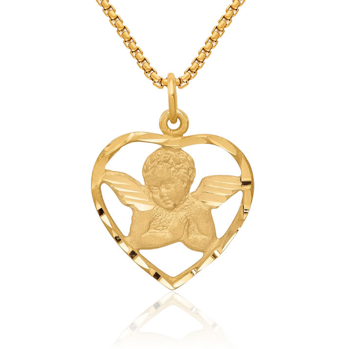 14K Solid Yellow Gold Guardian Angel Wings Heart Necklace Protect Us Cherub Pendant Religious Charm